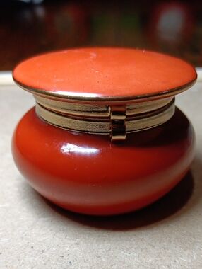 Ron Gordon Designs Vintage Orange Enamel Round Trinket Box with Gold Trim, Japan